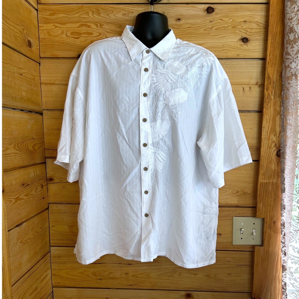 Bamboo Cay Short Sleeve Button Down 3XL White Tropical‎ Leaf Embroidered Shirt